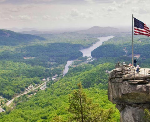 An overhead image of the Lake Lure area at sunset